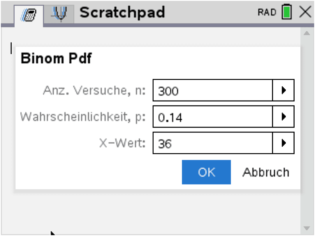 Taschenrechner eingabe für Binom Pdf