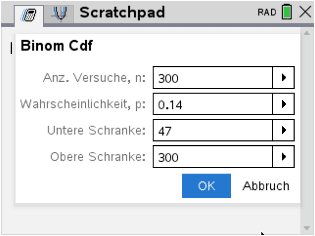 Taschenrechner eingabe für Binom Cdf