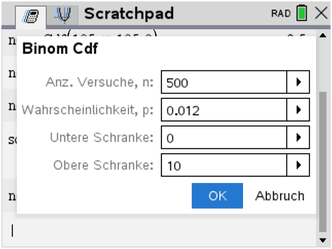 Taschenrechnereingabe für Binom Cdf: P(Y ≤ 10)