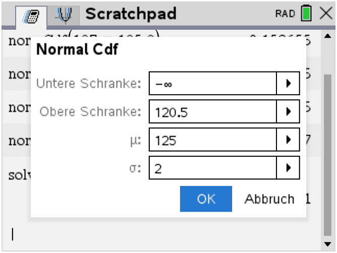 Taschenrechnereingabe für Normal Cdf: P(X < 120.5)